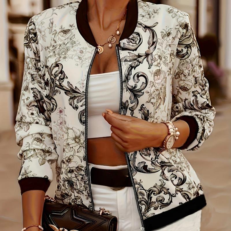 Damen Frühling und Herbst Dünner Stil Ganzkörper Bedruckt Temperament Lässig Reißverschluss Jacke Damenjacke Jacke M