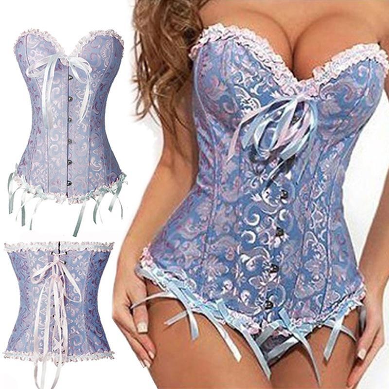 Korsett Bustier Mieder Damen Plus Size Satin Überbrust besticktes G-String Tops Korsett XXL blau
