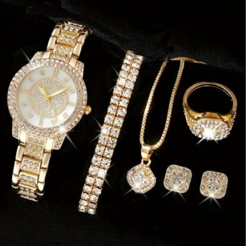 6-teiliges Damenuhren-Set, luxuriöse Strass-Quarzuhr, römische Mode-Analoguhr und Schmuckset, Geschenk für Mama und Sie