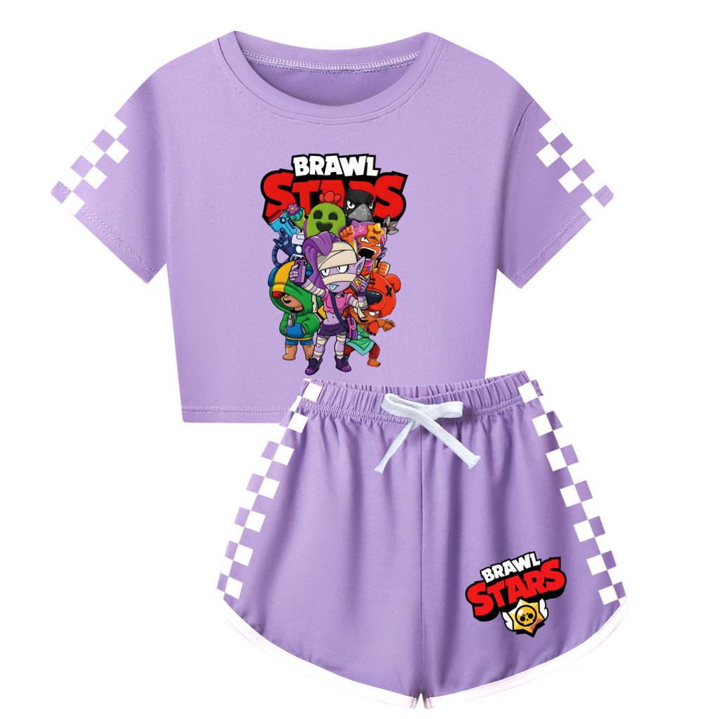 4094 Kinder Mädchen Brawl Stars Aufdruck Kurzarm T-Shirt Shorts Hose Sportkleidung Set 160cm violett