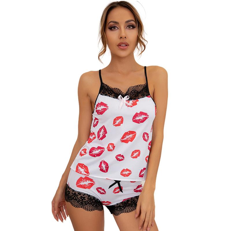 Damenmode Sommer Sexy Schmetterling Herz Pyjama Camisole Top und Shorts Pyjama Set Spitzen Dessous Camisole Tank Top Nachtwäsche S schwarz weiße