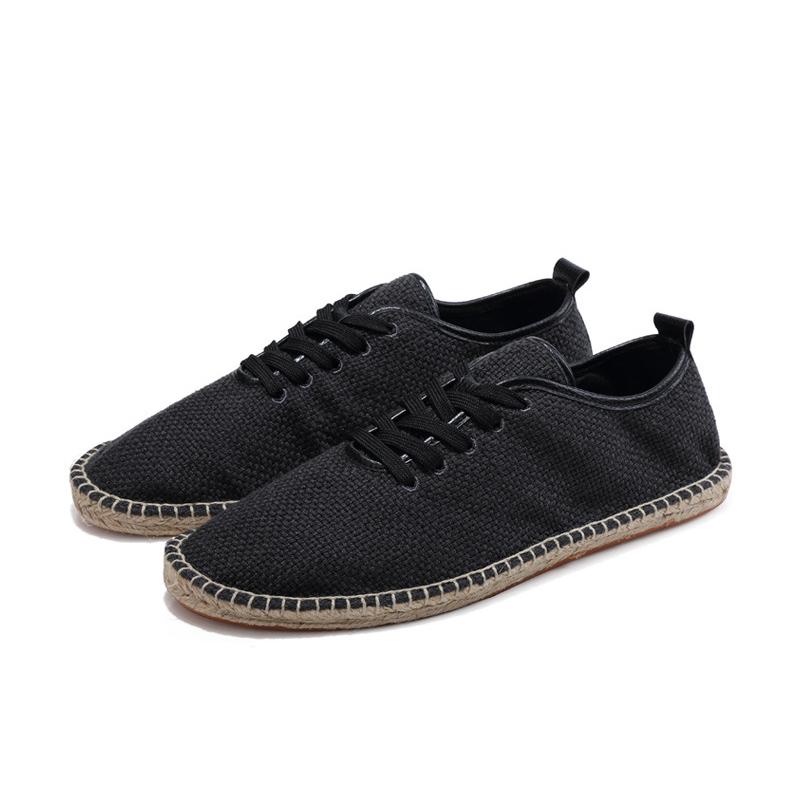 2024 Herren Canvas Schuhe Atmungsaktive Herren Slipper Schnürschuhe Einfarbig Schwarz Weiß Hanf Umwicklung Herrenschuhe Espadrilles Fischer 44 schwarz
