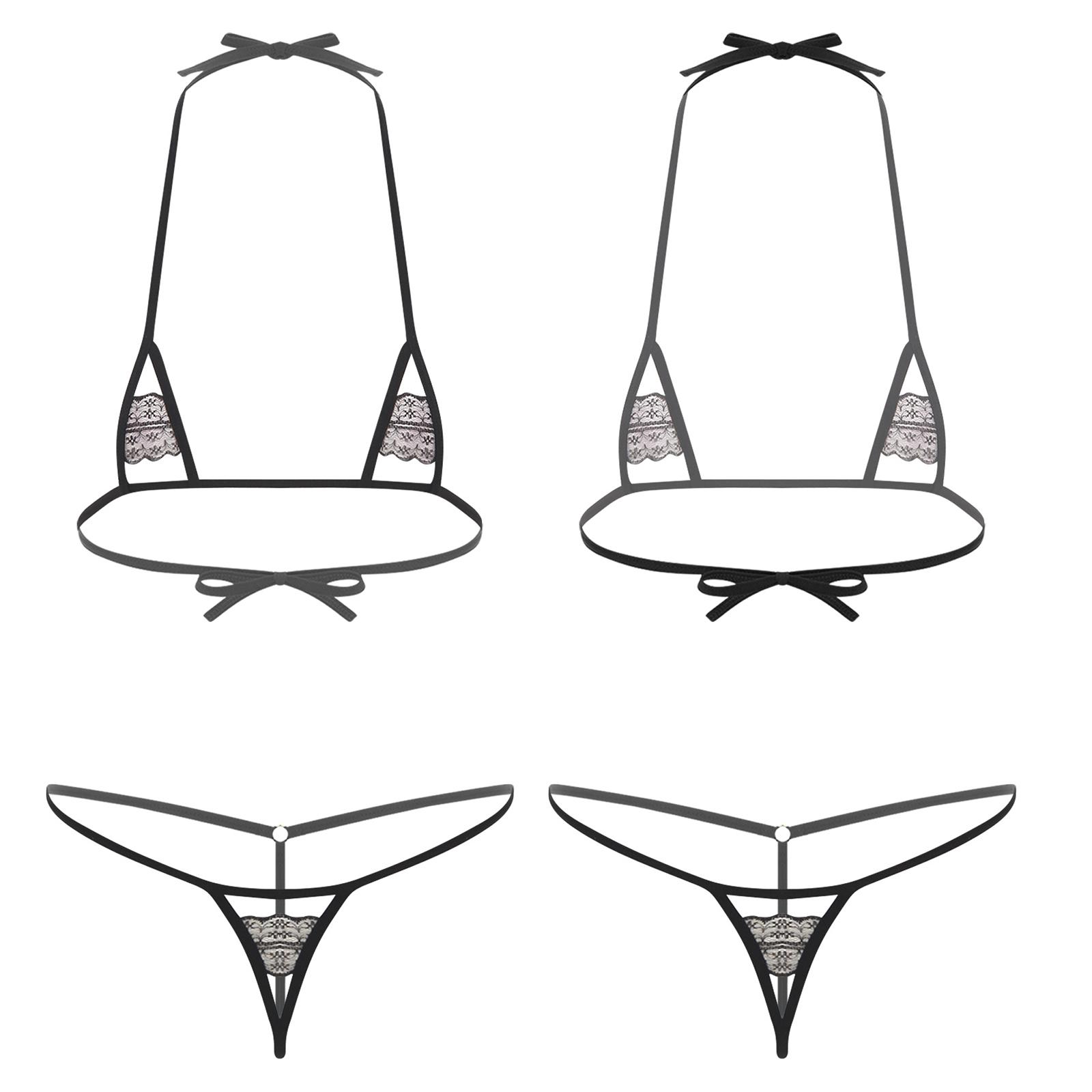 Damen Mikro Bikini Set Ausgeschnittene Cups Neckholder BH Oberteil mit T-Rücken G-String String Unterwäsche für Schwimmen Strand One Size