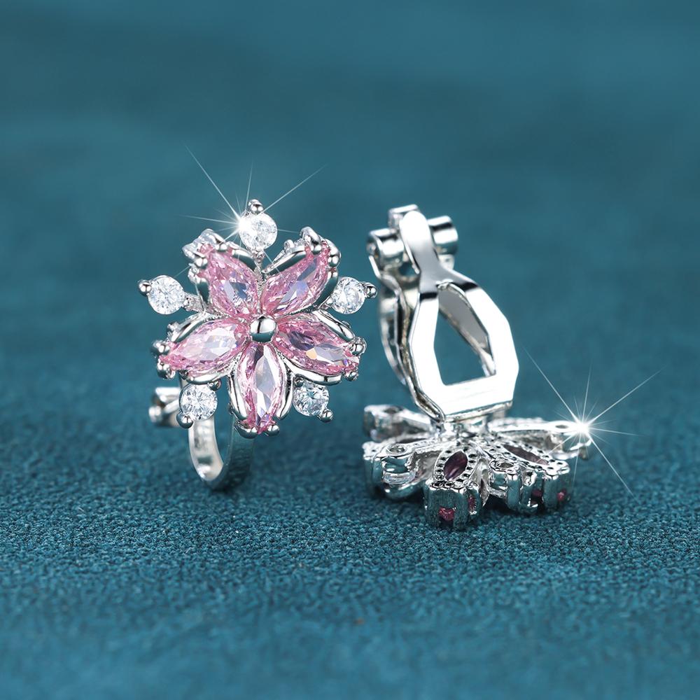 Süße rosa Kristall Sakura Clip-Ohrringe für Frauen kein Ohrloch Zirkon Blume Ohrringe Hochzeit Braut Party Schmuck Geschenke rosa