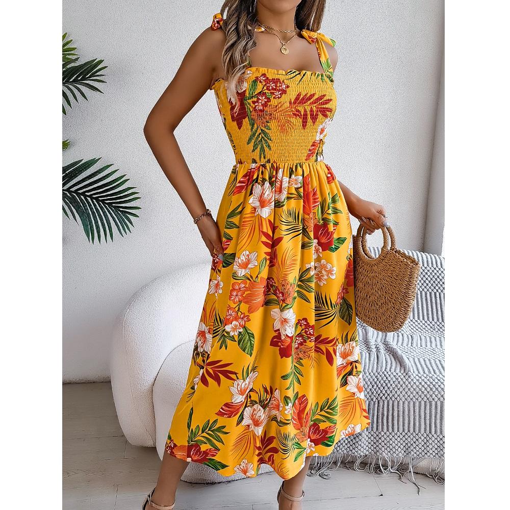 Damen Sommerkleider Spaghettiträger Bandage Blumendruck Strand Langes Kleid Damen Lässig Elastische Taille Maxikleider XL gelb