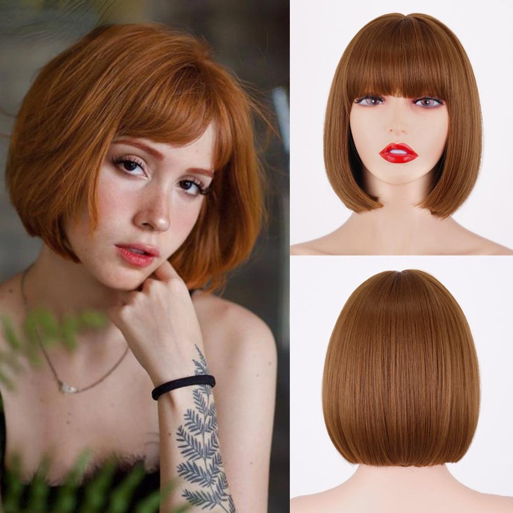MISSQUEEN Kurze Bob-Perücke mit Pony, reine Farbe, schwarzbraune Perücke für Frauen, synthetische Bob-Perücken für den täglichen Gebrauch von Lolita, Party, Cosplay 10inches&CN