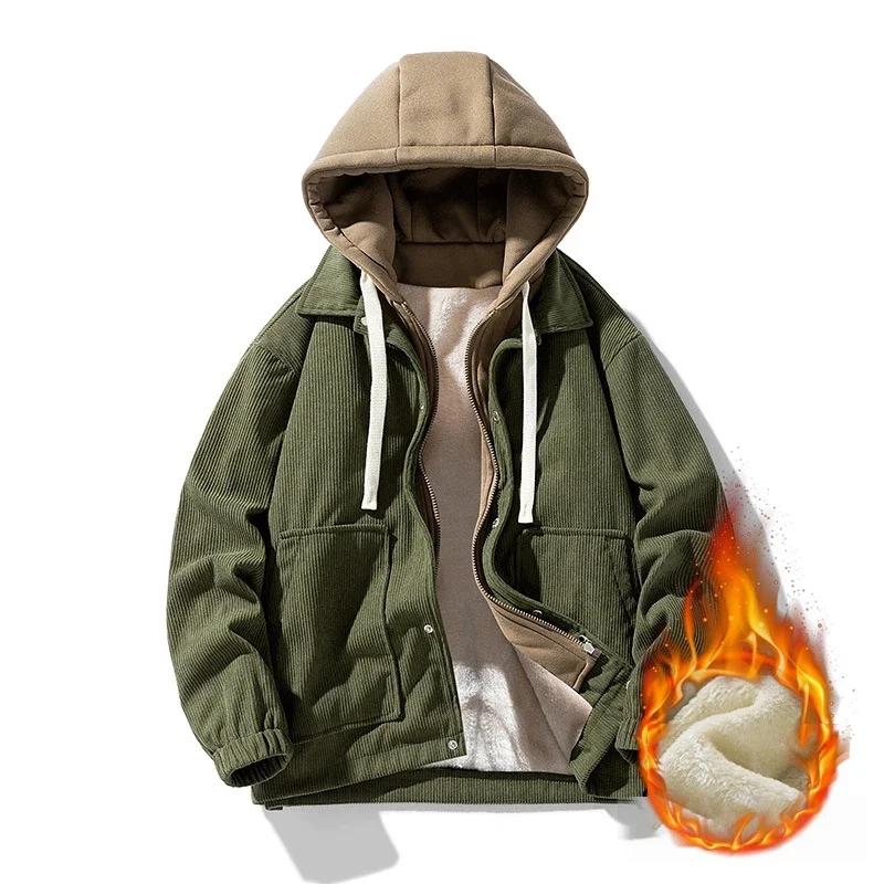 Neue Baumwolle gefütterte Jacke Herren Winter Baseball Hoodie Baumwolle Jacke Mode Werkzeug Straße Hip Hop Jacke Gefälschte Zwei Sets L grün