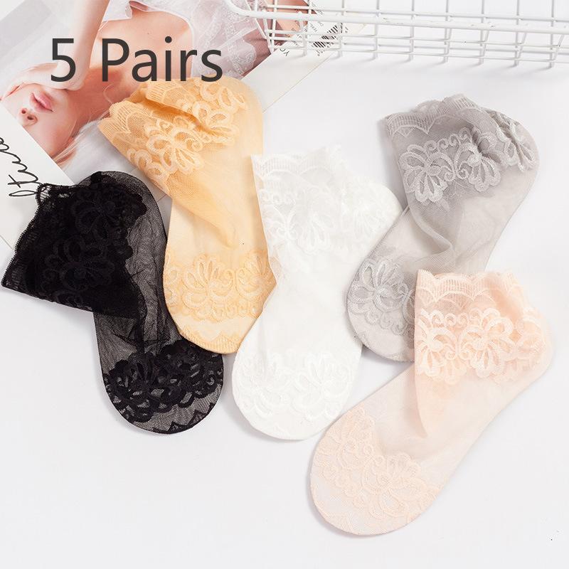 5 Paar Spitze Kurze Socken Damen Spitze Kurze Socken Netz Dünne Midtube Socken Frühling Sommer 5 Pairs