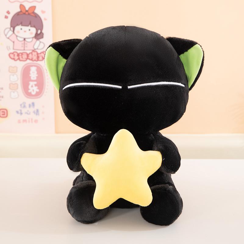 Schwarzes Katzen-Stofftier mit Sternendekor, schläfrige & weit geöffnete Augen, Katzen-Stoffpuppen-Set, weiches, flauschiges Plüschtier in verschiedenen Größen für Sammler 60cm