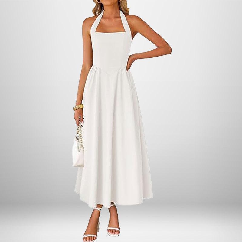 Sommer Neues Damen langes Kleid Elegant Einfarbig Quadratischer Ausschnitt Ärmellos Taille Hängender Hals Rückenfrei Langes Abendkleid XL weiß