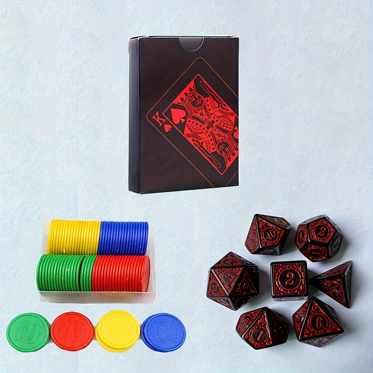1 Kartenspiel, Schachtel mit Chips und 7 Würfeln, schwarzes, verschleißfestes und langlebiges Spielkartenset aus Kunststoff, Set mit roten Würfeln mit Vintage-Muster rot