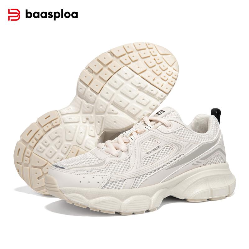 Baasploa Damen Laufschuhe Mesh + Leder Atmungsaktiv Damen Outdoor Fitness Tennisschuhe Damen Komfort Hochwertige Laufschuhe 38 beige