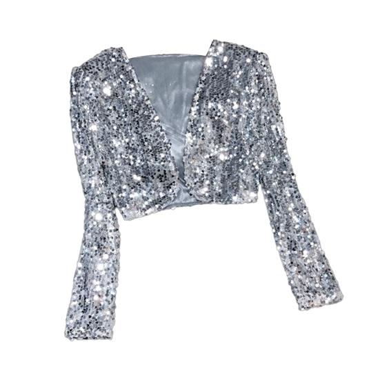 Damen Pailletten Schulterjacke Offene Vorderseite Langarm Kurz Bolero Jacken Glitzernd Party Club Ausgehen Strickjacke XL silber