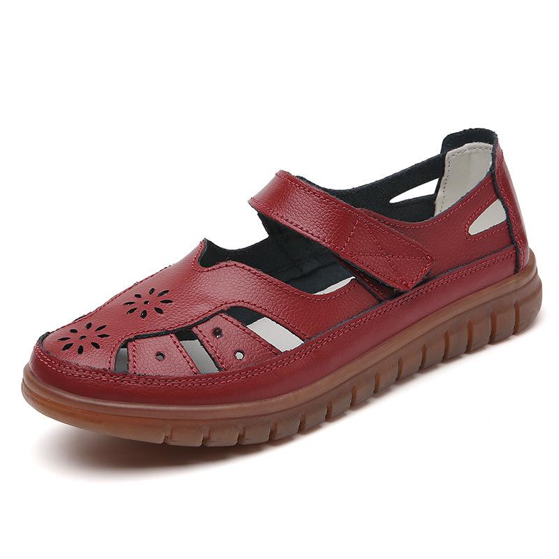 Damen Leder Hohl Sandalen Atmungsaktive Sommerschuhe Bequeme Krankenschuhe Weiße Sandalen Mama Sandalen Große Größe 36 weinrot