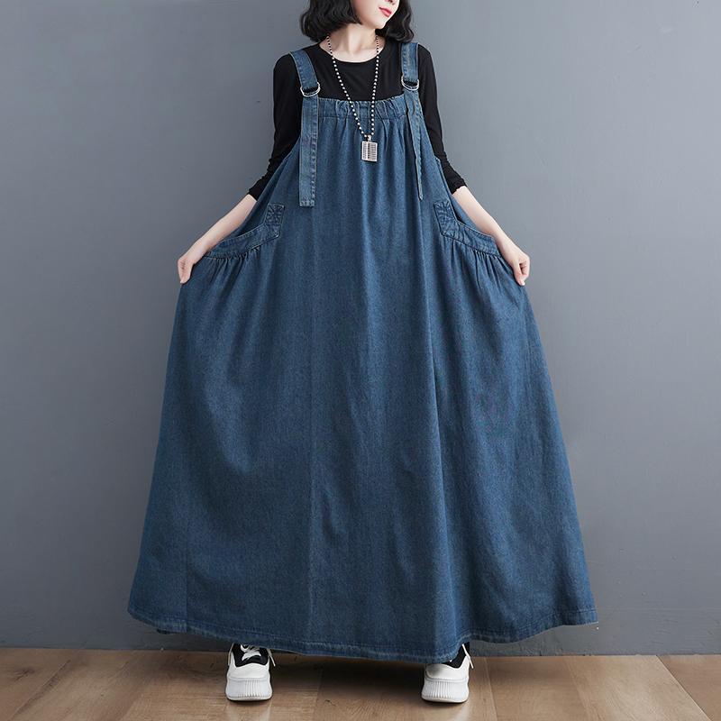 Koreanischen Stil Frühling Herbst Frauen Übergroßen Denim Sommerkleid Straps Baggy Lose Vintage Plus Größe Tank Kleid Mit Taschen XXL