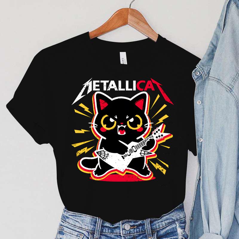 METALLICAT T-Shirts Frauen Rundhals T-Shirts Cartoon Gitarre Damen Kleidung Tiere Katze Harajuku Tops Weibliche Vintage T-Shirts S
