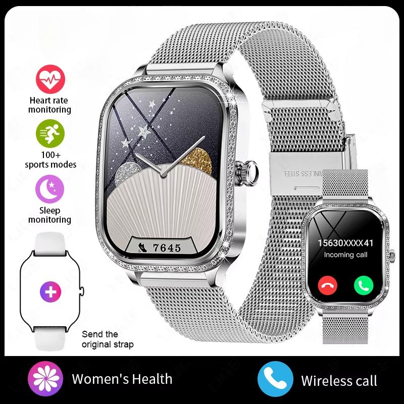 2025 Neue Smartwatch Damen 1,75 HD-Display Herzfrequenzmesser IP68 Wasserdicht Sport Fitness BT Anruf Smartwatch Für Dame Geschenk Mesh Belt silber