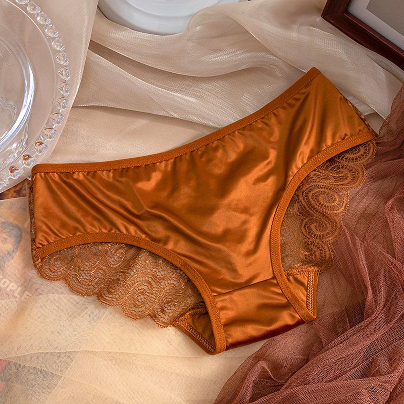 Damen-Slip mit Schleife, mittlerer Taille, Satin, einfarbig, Spaghettiträger, Spitzen-Slip, ausgehöhlt, nahtlos XL braun