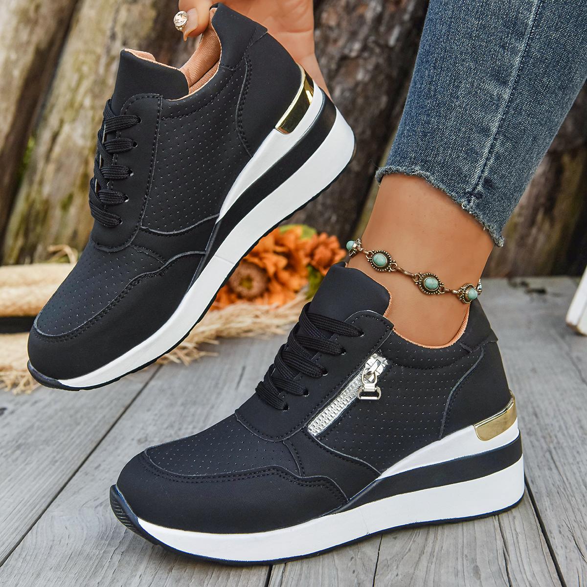 Damen Sneaker Übergröße Mode Keilabsatz Sneaker Damen Schnürer Plateau Sportschuhe Frau Leicht Rutschfest Freizeitschuhe 41 schwarz
