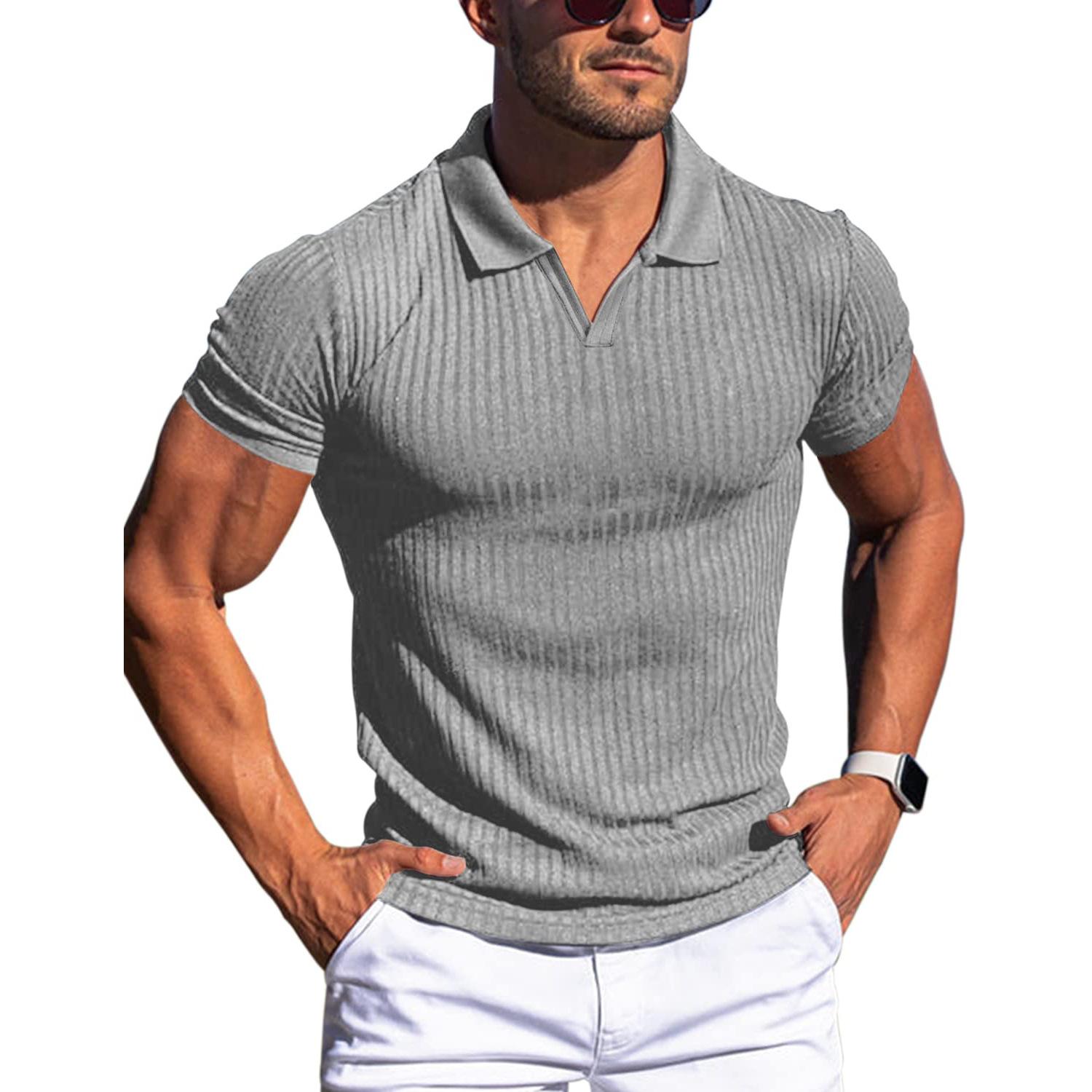 Herren-Poloshirts mit V-Ausschnitt und Muscle-Car-Design, Slim Fit, kurzärmlige Golf-T-Shirts, weiche Rippstrick-T-Shirts, Sommerpullover mit Kragen für Männer, atmungsaktive T-Shirts S licht grau