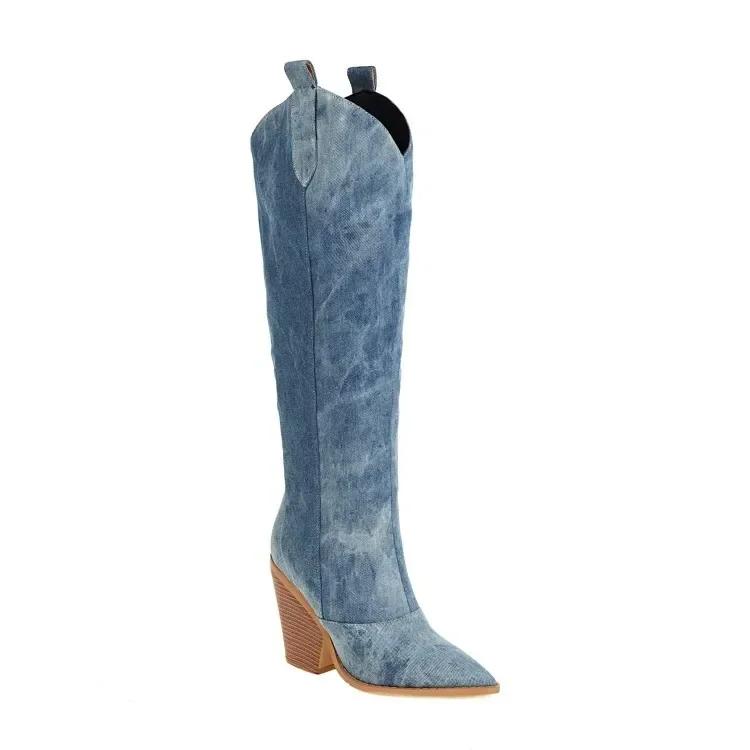 Mode Damen Cowboy Kniehohe Stiefel Weiblich Hohe Qualität Spitz Stiefel Dicke Absätze Herbst Winter Mode Lässige Schuhe Übergröße 43 34 blau