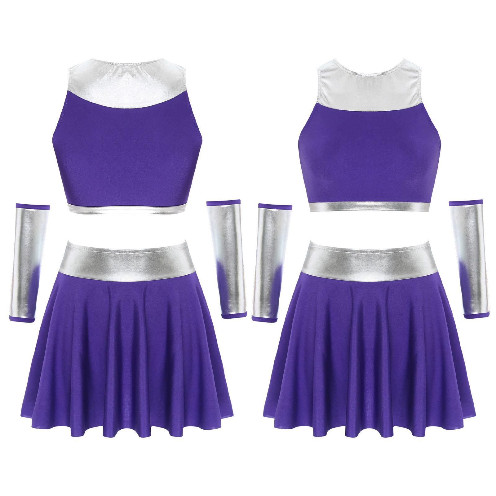 Damen Halloween Anime Cosplay Kostüm 4-teilig Lila Outfits Cheerleading Uniform Crop Top mit Röcken und Handschuhen Sets Kostüm S violett