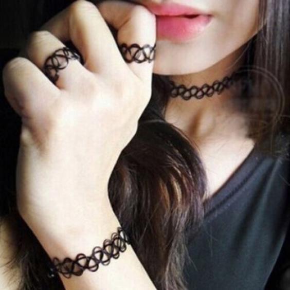 Damenmode Stretch Tattoo Ring Armband Halsband Halskette Schmuckset Geschenk one size