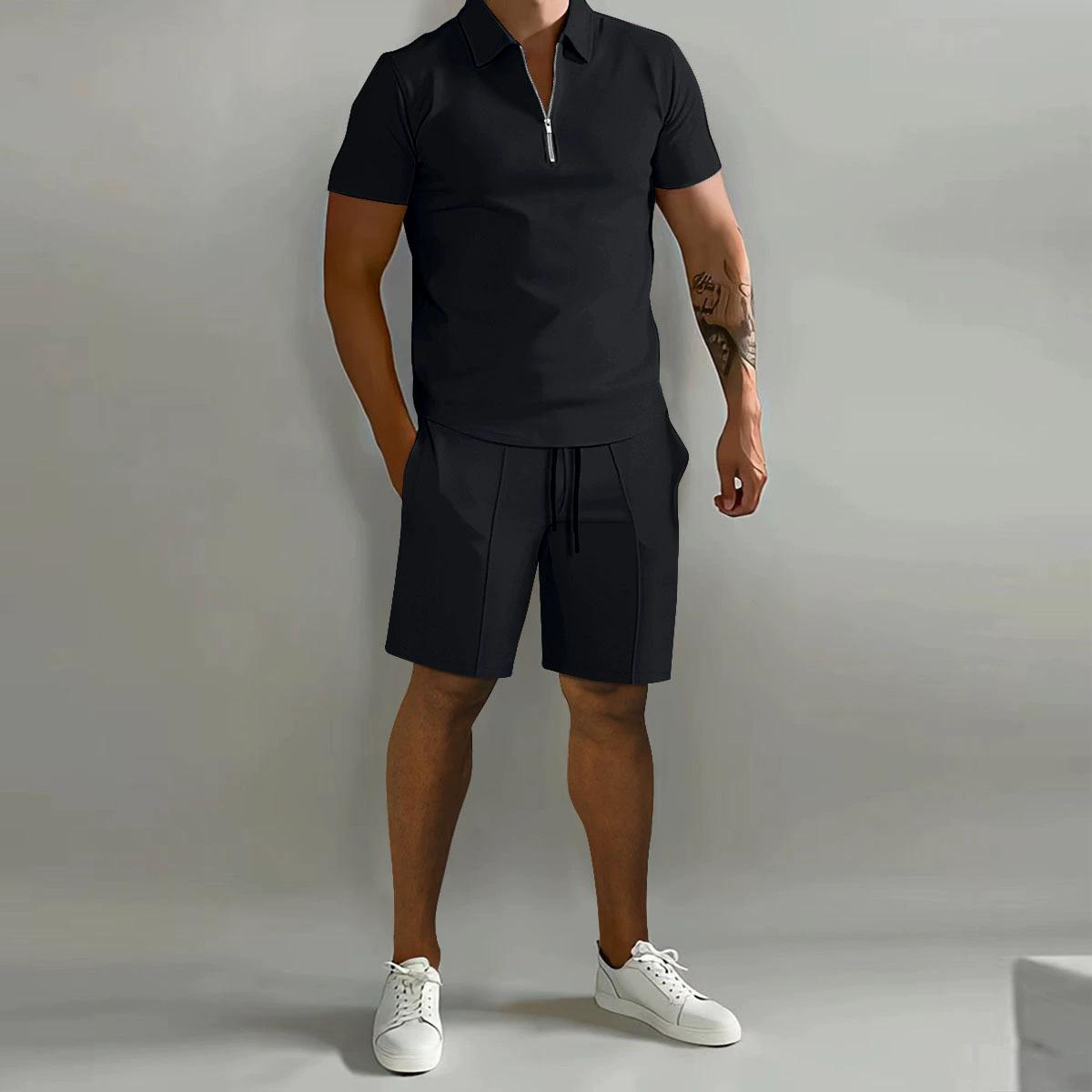 Frühling und Sommer Herren Sets Revers Kurzarm Polohemd Sporthose 2-teilige Anzüge für Herren XS schwarz