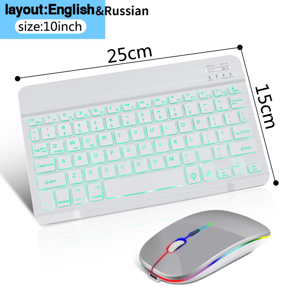 Kabellose Tastatur, Bluetooth-Tastatur und Maus, Spanisch, Russisch, Mini-Tastaturen, Tablet-Tastatur mit Hintergrundbeleuchtung für Phone Pro English&Russian weiß