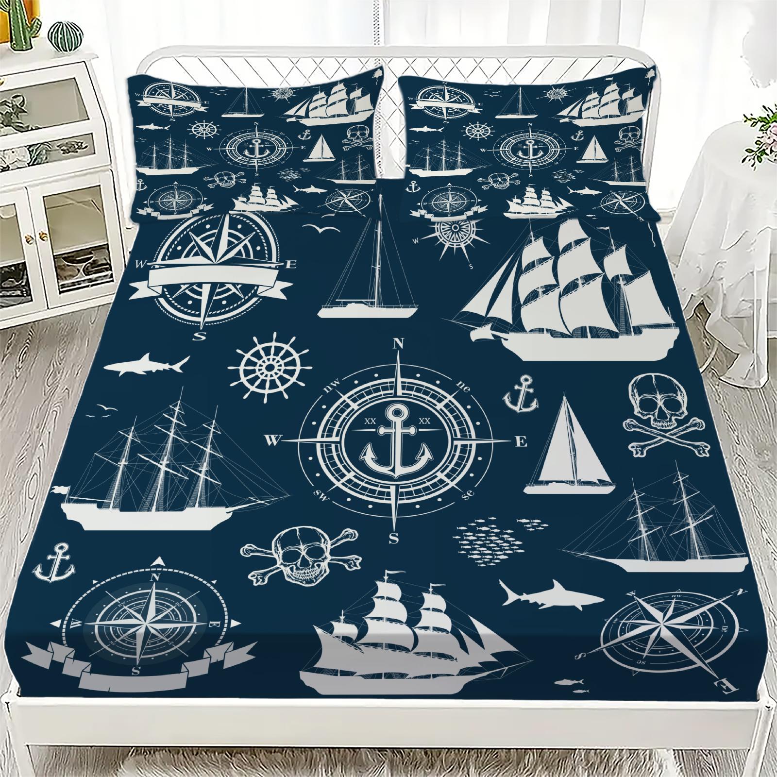 Neues Nautisches Ozean Segelboot Ozean Geist Spannbettlaken King Queen Einzelgröße Spannbettlaken-Set mit Kissenbezug Teenager Jungen Geschenk 90x190x40cm 2pcs