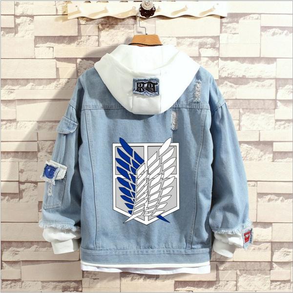 Attack on Titan Jeansjacke Scout Regiment Cosplay Jeansjacke Herbst Eren Jager Kapuzenpullover Outwear Mantel S blau