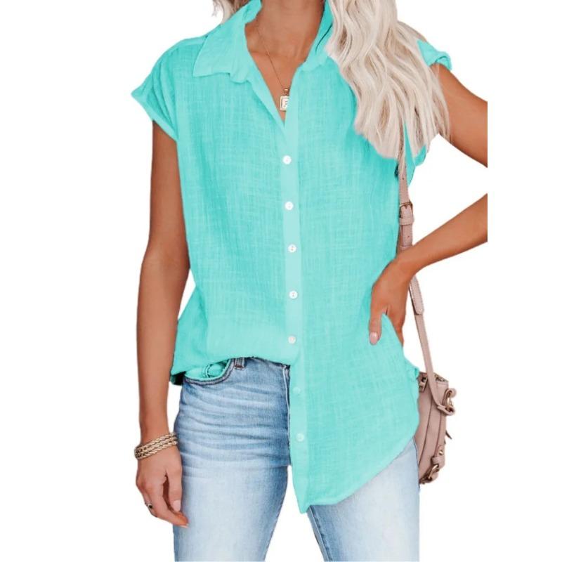Sommer Ärmellos Einfarbig Locker Bluse Hemden Lässig Damen Umlegekragen Knopf Bluse Tops M cyanblau