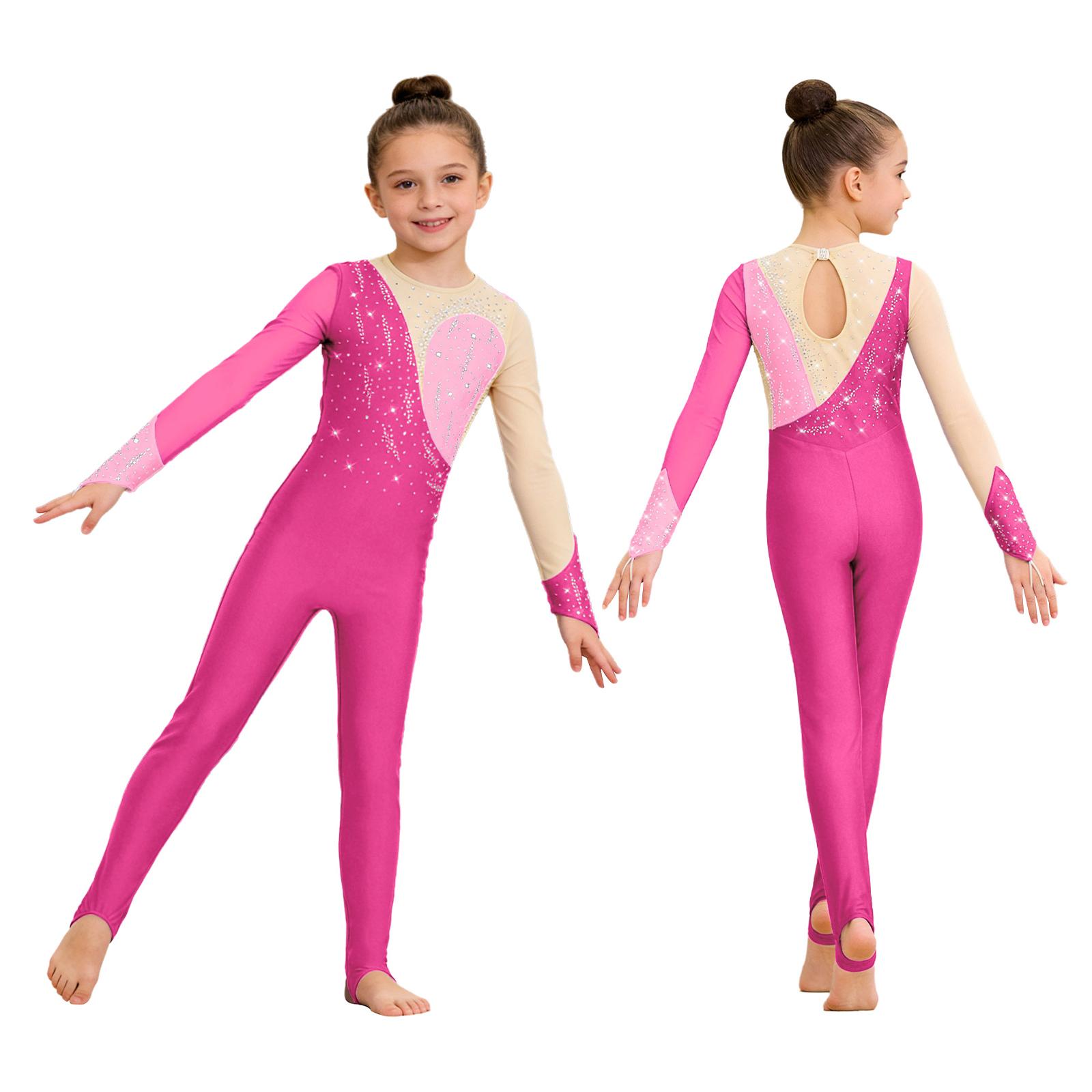 Kinder Mädchen Gymnastik Tanz Overall Langarm Fingerlöcher Schlüsselloch Rücken Netzstoff Patchwork Glänzende Strasssteine Color Block Steigbügel Stil Overall 5-6 Years rose rosa