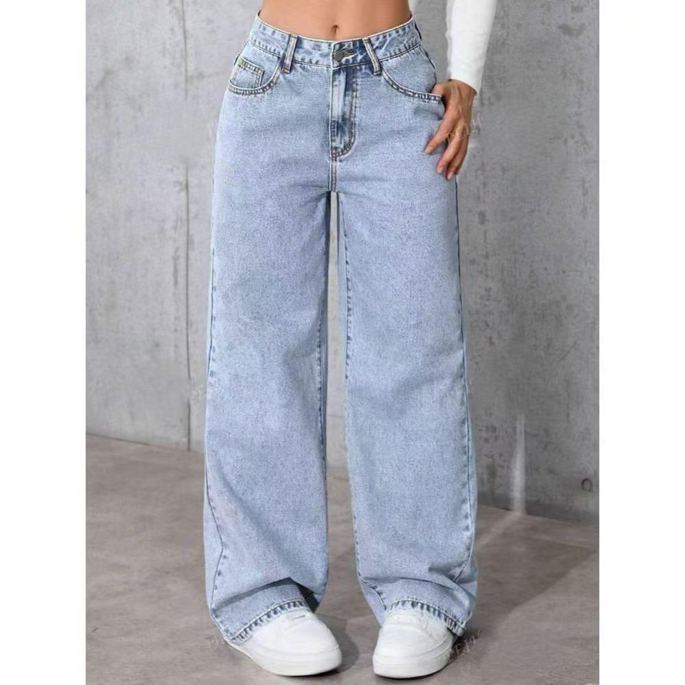 Damen Jeans mit hoher Taille und geradem Bein, Lockere Wide Leg Jeans aus Denim, Säuregewaschen Hellblau Dehnbare Jeans mit Taschen, Lässige Büro-Arbeitshosen XL hellblaue