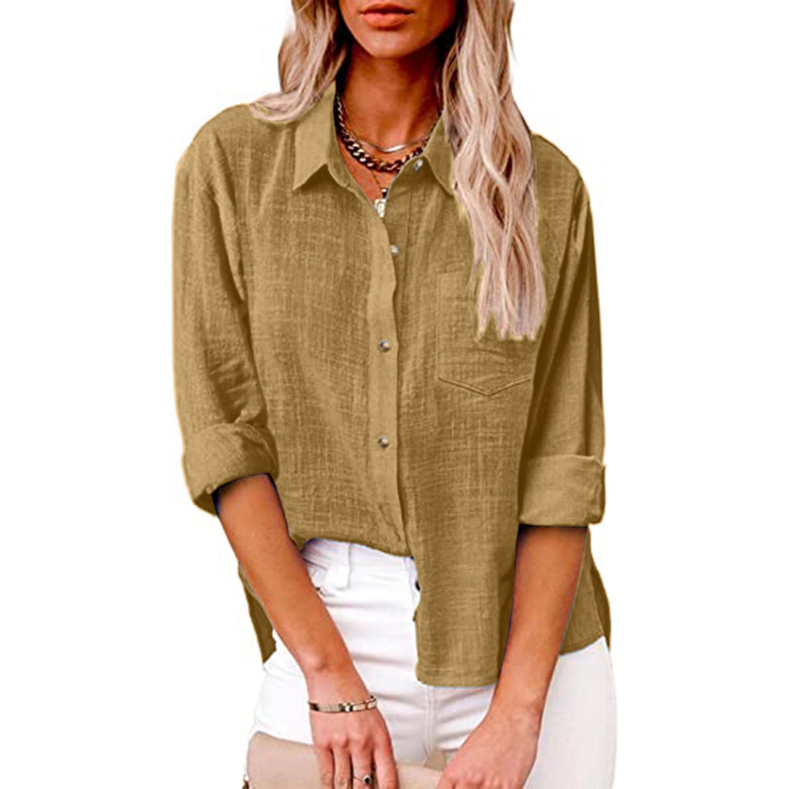 Damen Herbst Langarm Knopf Einfarbig Loses Hemd Lässiges Großes Hemd XXXL khaki