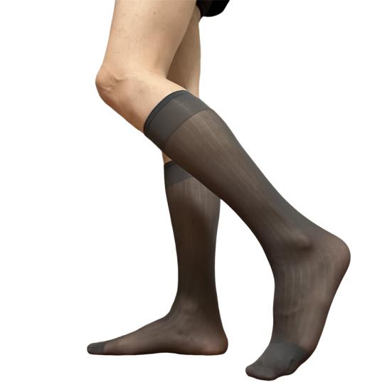 Herrensocken für den lässigen Business-Anzug, breite, gestreifte Nylonstrümpfe bis zur mittleren Wade, formeller Anzug, durchsichtige dünne Socken aus Kunstseide grau