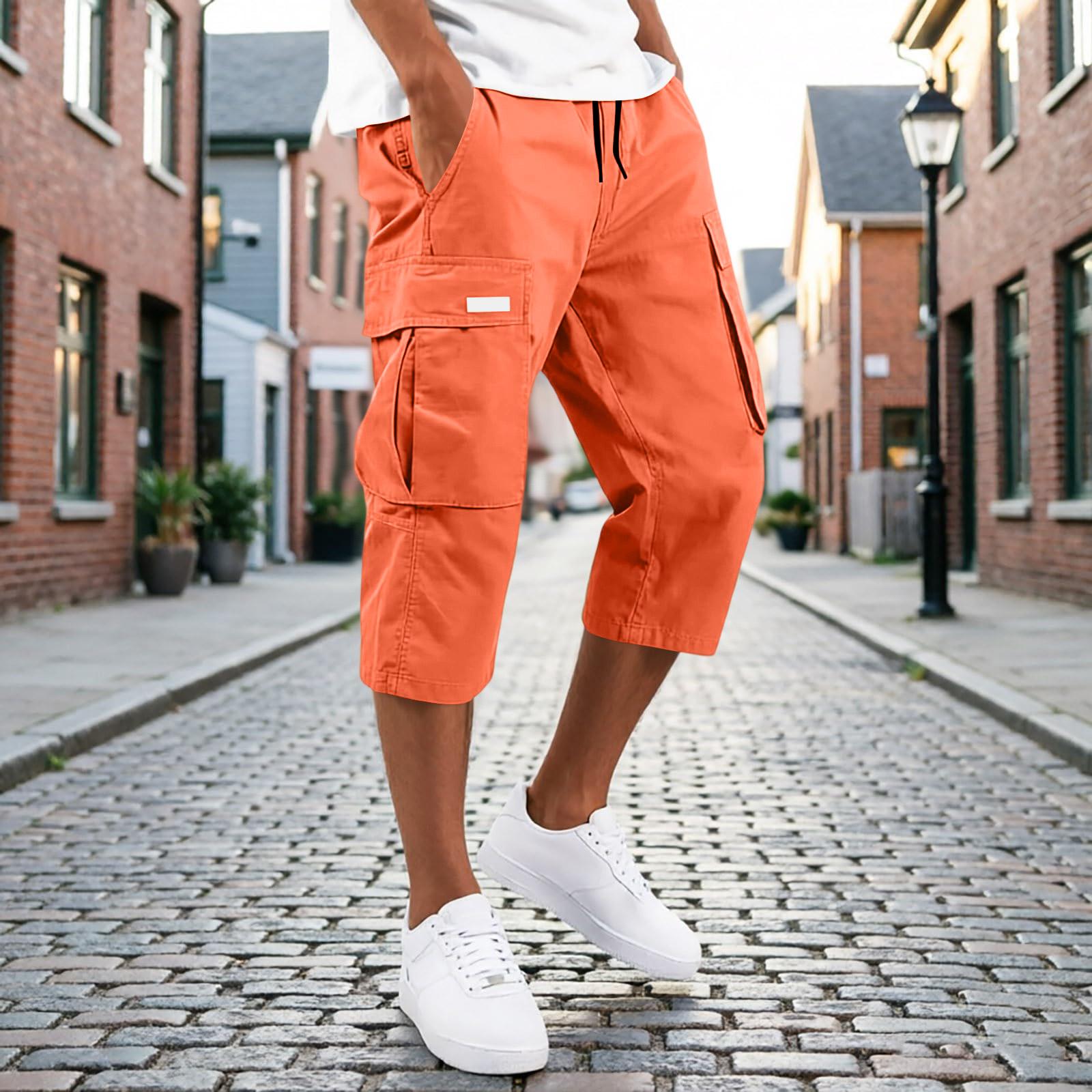 Herren Cargo-Capri-Hose mit Kordelzug und mehreren Taschen, lockere Passform, Dreiviertellänge, lässige Hose für den Alltag XXXL safrangelb