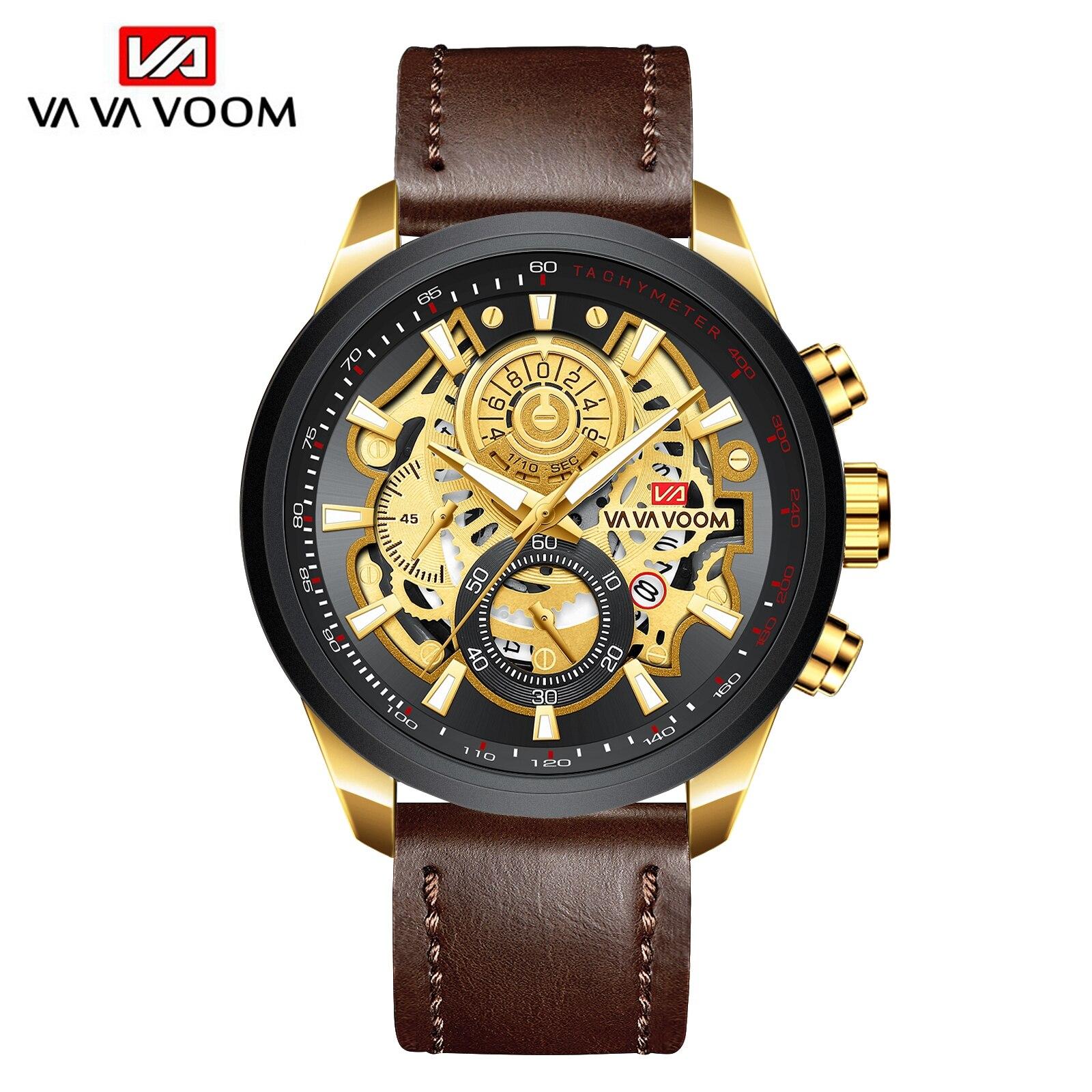 VA VA VOOM Herren-Top-Sportuhr, modisches Design, luxuriös, Gold, Schwarz, Edelstahl, Quarzwerk, Kalender, wasserdicht, für Herren-Armbanduhren Leather strap gold/kaffeebraun