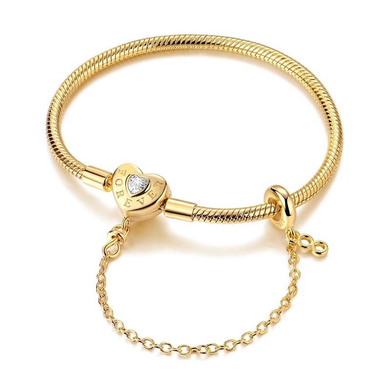 Armband Original 925 Silber Charm-Armband Gold Herz Schmetterling Sicherheitskette Armband 17-20CM für Damen Schmuck Geschenke 17cm beige