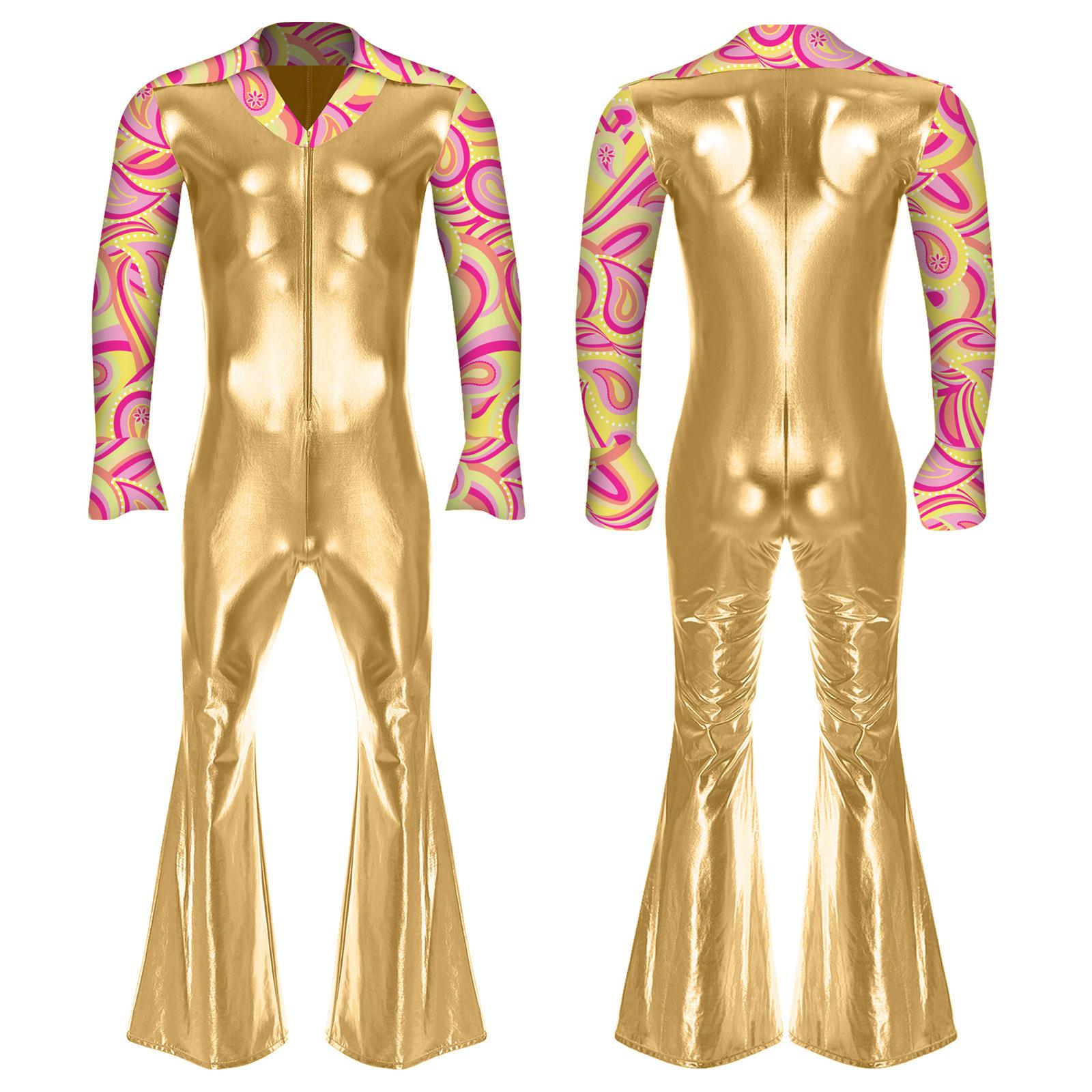 Herren Jazz Dance Performance Kostüme 80er Jahre Disco Cosplay Kostüm Schlaghose voller langer V-Ausschnitt Jumpsuit Strampler S gold