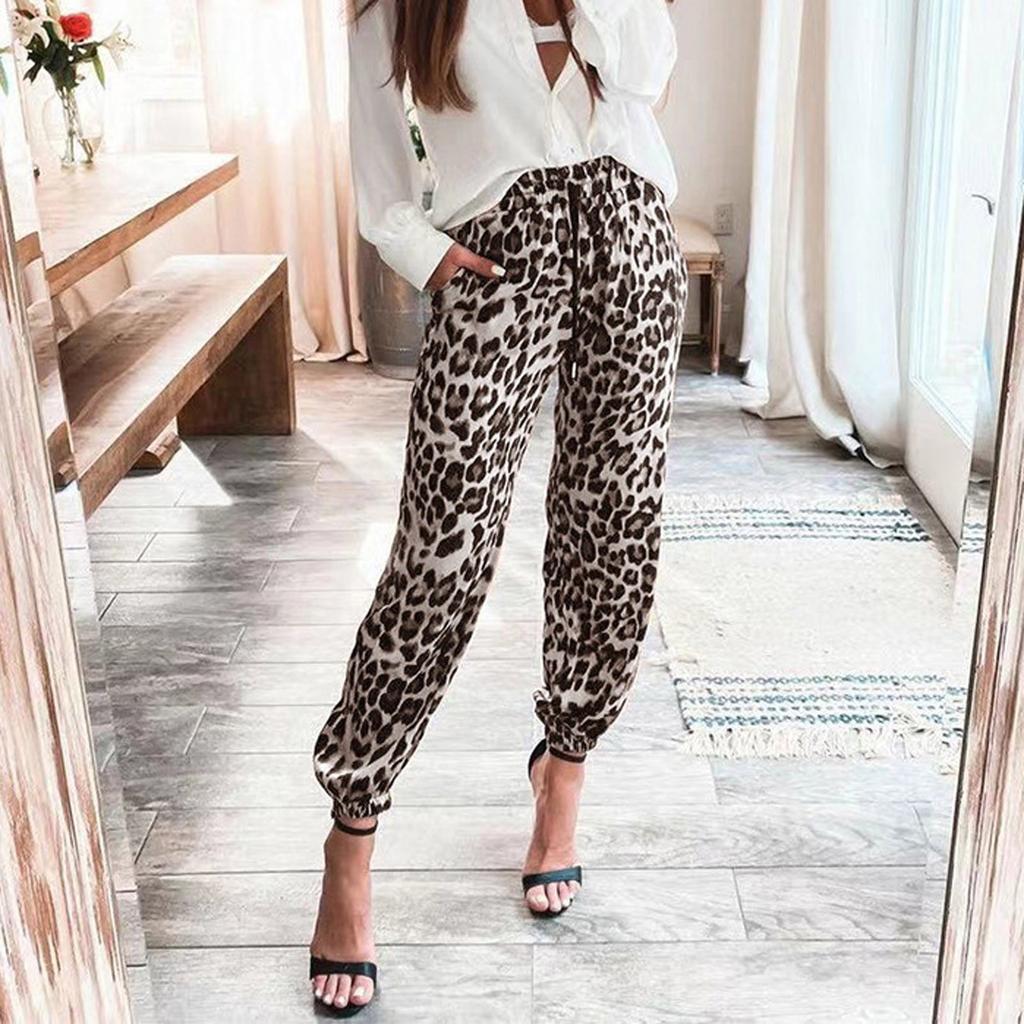 Lässige Damen-Hose mit Leopardenmuster, elastischer Taille, Kordelzug, lange Hose XXXL khaki