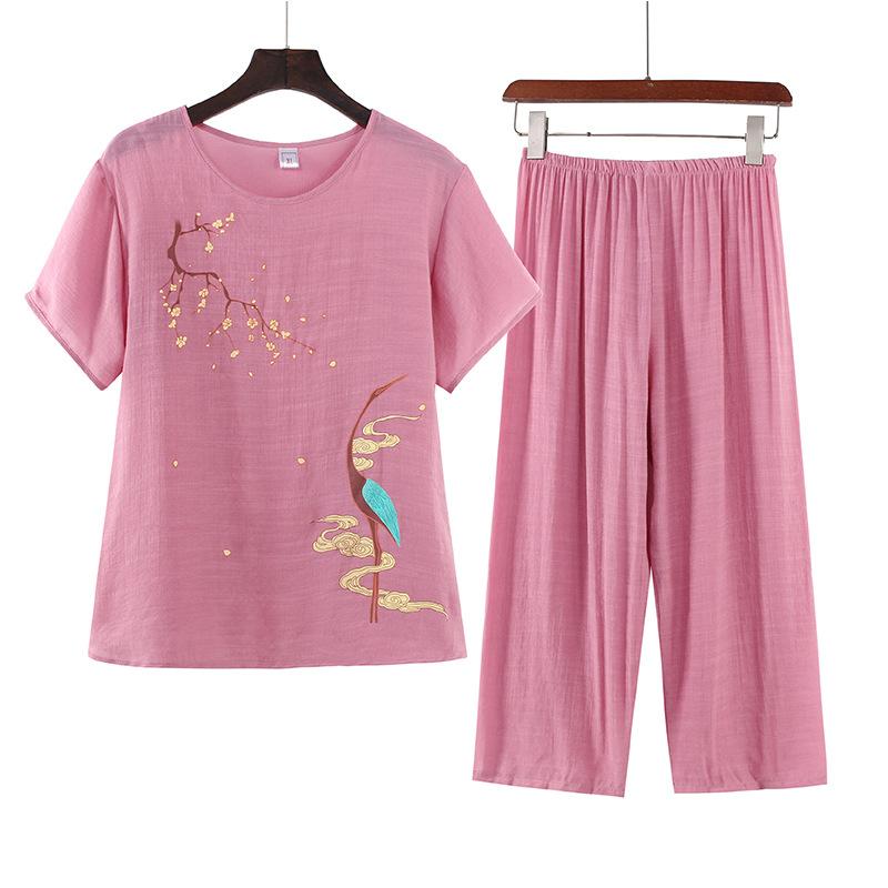 Sommer-Hausanzug für Damen für Frauen mittleren und höheren Alters, Kurzarm-Oberteil + Hose, Zweiteiliges Set für Outdoor-Bekleidung und Freizeit XL rosa
