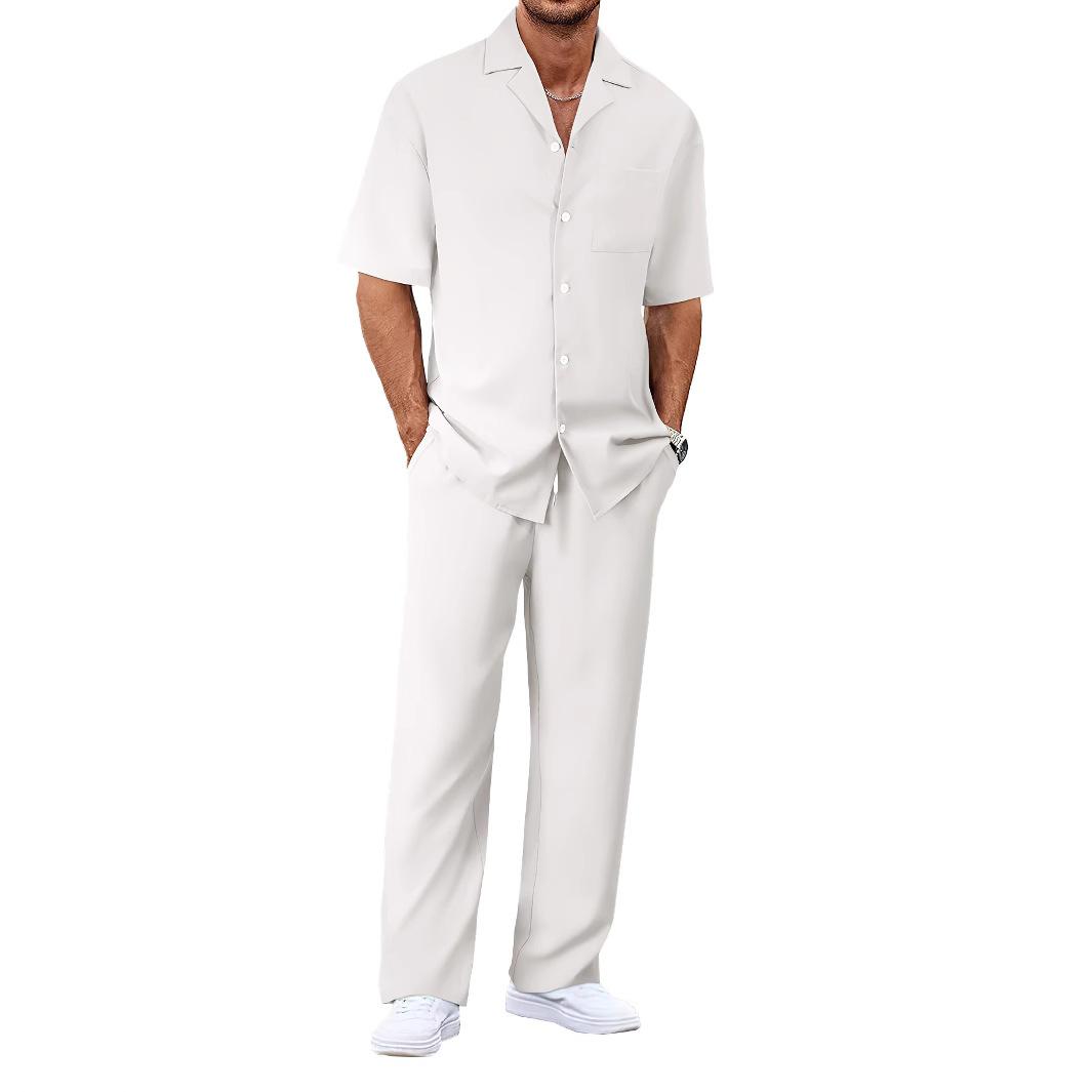 (Hemd+Hose) Sommer Herrenmode Klassisches Hemd Herren Business Casual Shirts Herren Ein Satz Kleidung XL weiß