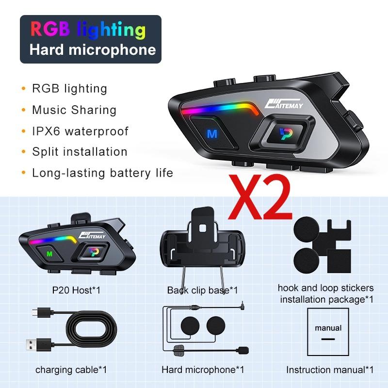 P20 Bluetooth 5.3 Motorradhelm-Headset Musik Interphone Radfahren Bluetooth-Headset Wasserdicht 300m Intercomunicador Lautsprecher Kopfhörer 2Pcs Hard Mic
