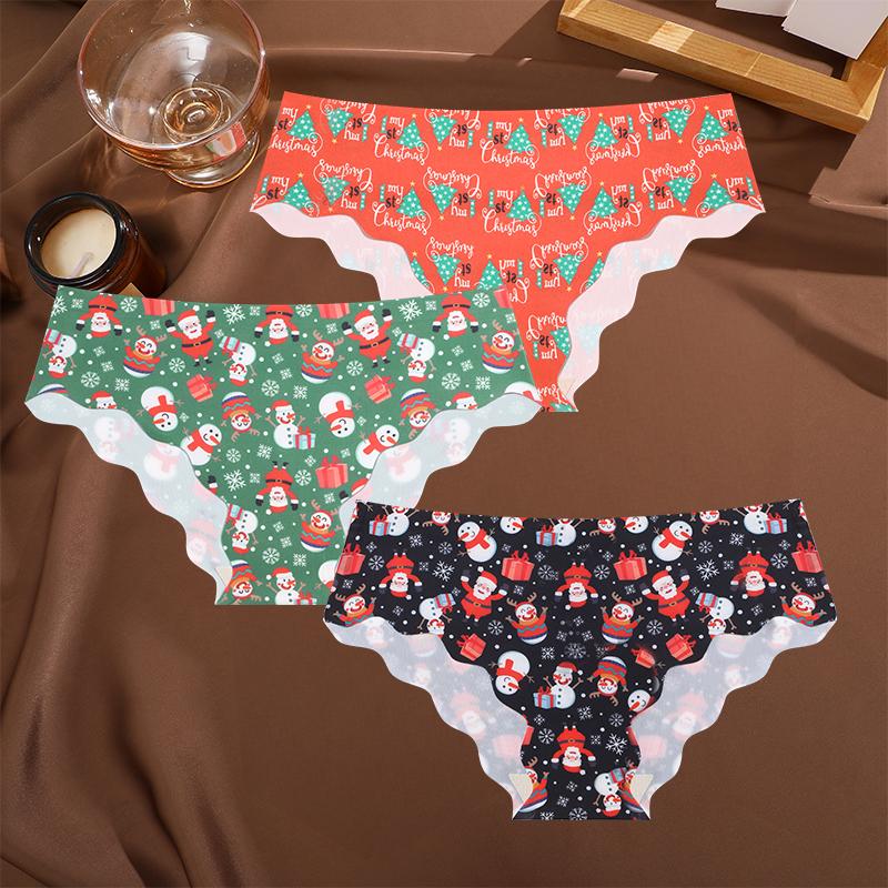 FINETOO 3 Stück/Set Weihnachten Schneeflocke Weihnachtsmann Slips Sexy Atmungsaktive Damenunterwäsche Niedrige Taille Wellenmuster Slip Frohe Weihnachten L&Set