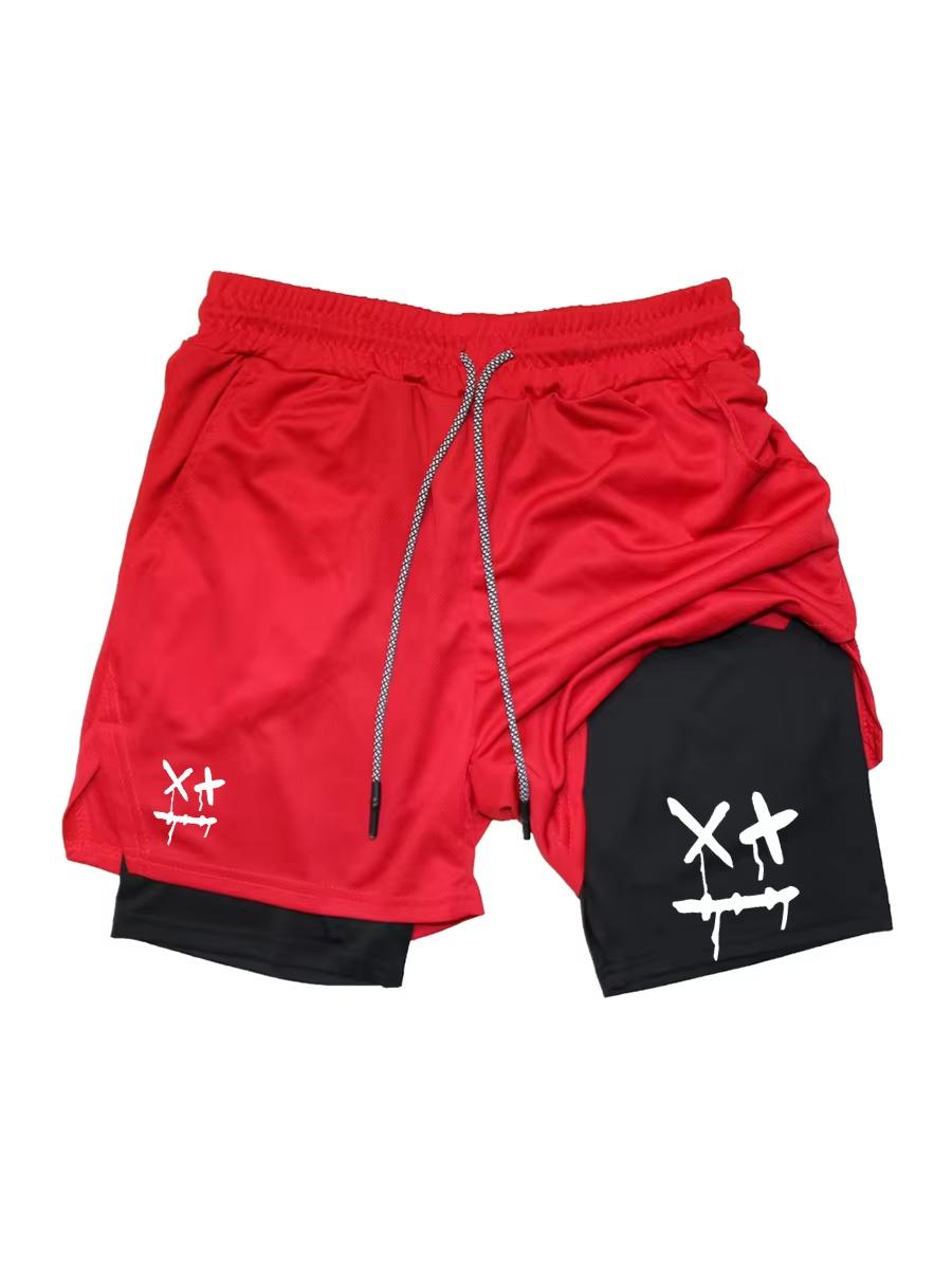 2-in-1 Herren Trainingsshorts Schnelltrocknend mit Handytasche Handtuchschlaufe Fitnessstudio Laufen Fitness Kompression JW10102 L red