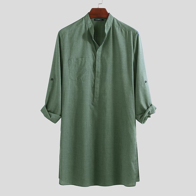 INCERUN S-5XL Herren Regular Fit Kragen Kurta Muslimische Kleider Abaya Kaftan Langarm Herrenhemd L grün