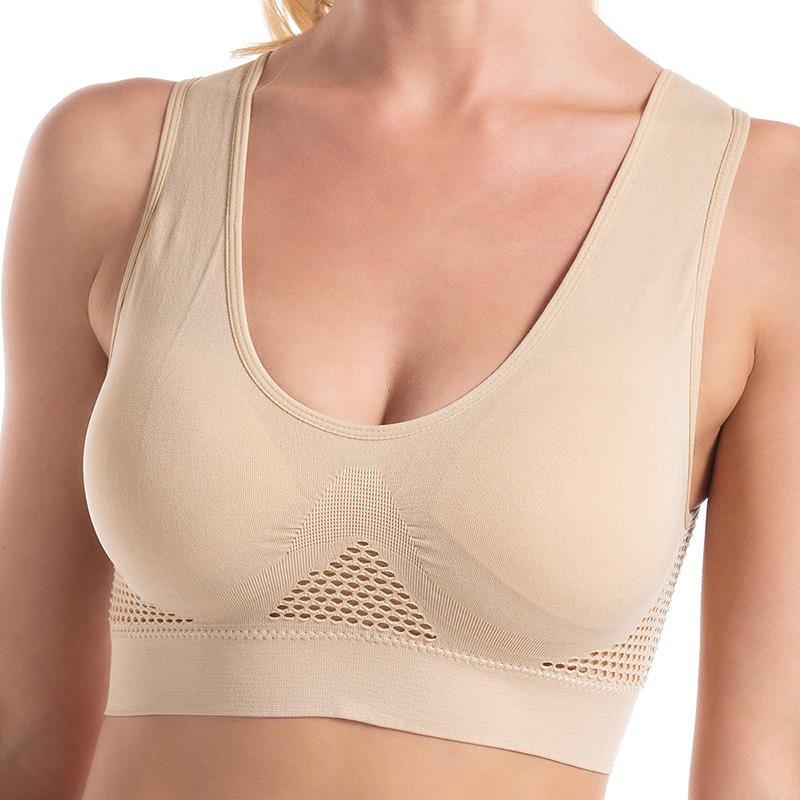 Damen-Sport-BH, nahtlos, volle Unterstützung, kabellose Sport-BHs für Yoga, Fitnessstudio, Workout, Fitness, M-5XL M beige