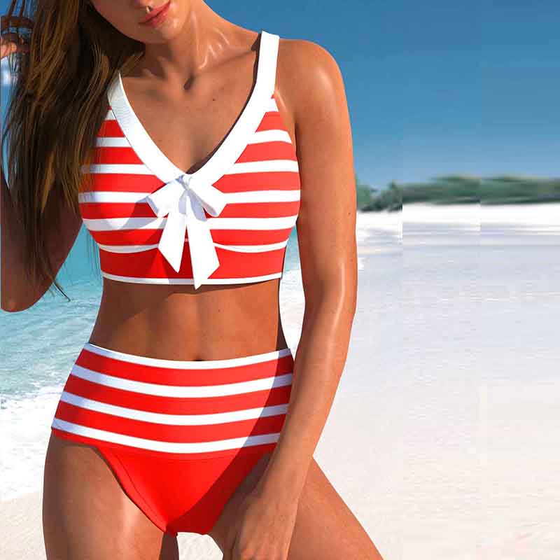 Damen-Bikini-Tankini-Badeanzug mit Neckholder, Schleife und Streifenmuster 3XL rot