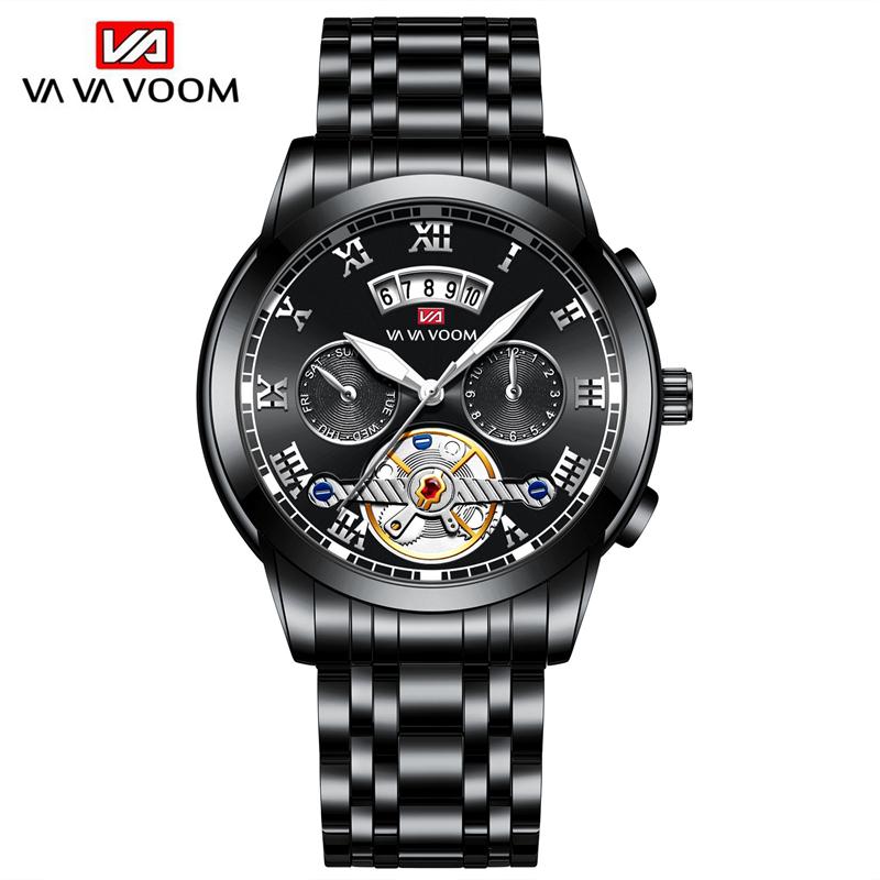 VA VA VOOM Quarzuhren Edelstahl Schwungrad Nichtautomatische Multifunktions-Mechanische Uhr Mode Leuchtende Wasserdichte Uhr Männliche Armbanduhr schwarz